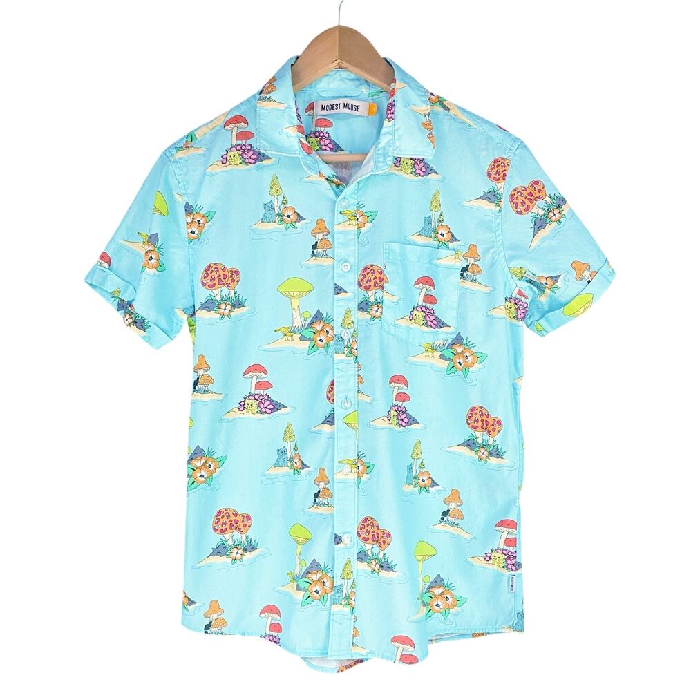 MODEST MOUSE x AMBSN Cotton Button-Up Shirt, Tropical Mushrooms Cat Print Size S